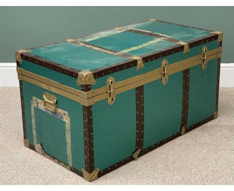VINTAGE SHIPPING TRUNK, brass banded, 51cms H, 99cms W, 52cms D