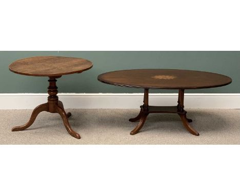 ANTIQUE OAK CIRCULAR TILT TOP TRIPOD TABLE, 60cms H, 71cms diameter and a REPRODUCTION MAHOGANY OVAL COFFEE TABLE, 48cms H, 1