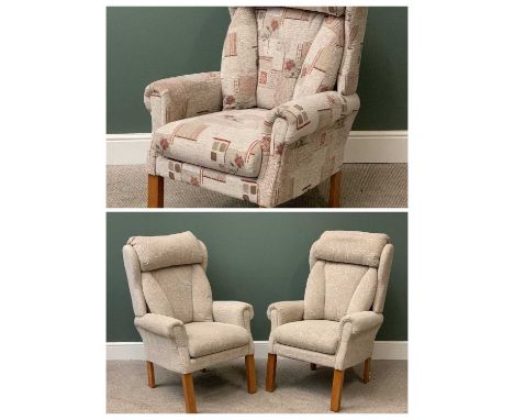 A PAIR OF GOOD MODERN EASY CHAIRS - light wood and upholstered and A MODERN FLORAL &amp; ABSTRACT PATTERNED EASY CHAIR