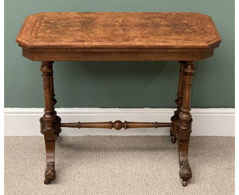 VICTORIAN BURR WALNUT FOLDOVER CARD TABLE baize lined interior with turned stretcher on carved supports and splayed feet, 71c