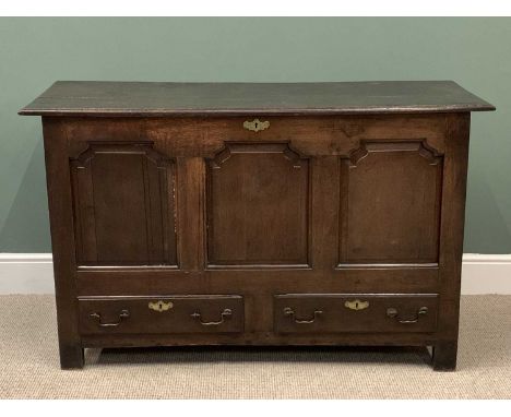 ANTIQUE OAK MULE CHEST with three shaped and moulded panel front and two base drawers, 87cms H, 142cms W, 51cms D