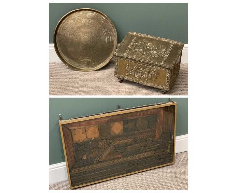 PRINTERS BLOCKS DISPLAY in a light wood frame, 55cms H, 87cms W, 6cms, REPOUSSE BRASS COAL BOX - 34cms H, 46cms W, 30cms D an