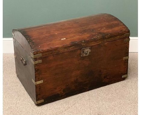 STAINED PINE DOMED TOP TRUNK with iron handles and brass banding, 52cms H, 86cms W, 51cms D
