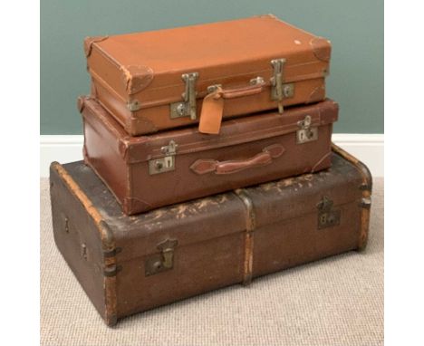 VINTAGE LUGGAGE - wooden banded trunk, 31cms H, 87cms W, 53cms D and two vintage suitcases