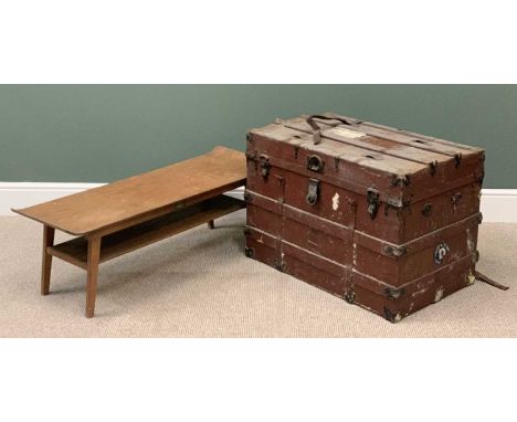 VINTAGE WOODEN BANDED TRUNK, 57cms H, 82cms W, 51cms D and a mid-Century type LONG JOHN COFFEE TABLE with lower shelf and sma