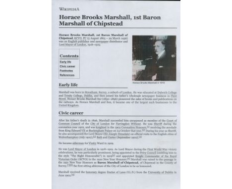 Horace Brooks Marshall signed album page. Brooks Marshall, 1st Baron Marshall of Chipstead, KCVO, PC (5 August 1865 - 29 Marc
