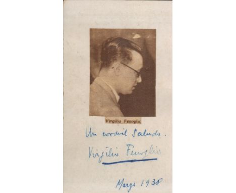 Virgilio Fenoglio signed old postcard with small black and white photo attached. Fenoglio was an Argentine chess master, winn