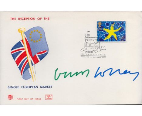 David Hockney, a signed (in green and blue ink) 1992 European Market FDC with insert. The stamp was designed by Hockney. A Br