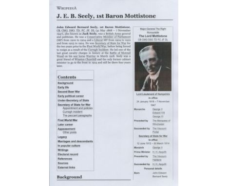 John Edward Bernard Seely signed album page. Seely, 1st Baron Mottistone, CB, CMG, DSO, TD, PC, JP, DL (31 May 1868 - 7 Novem