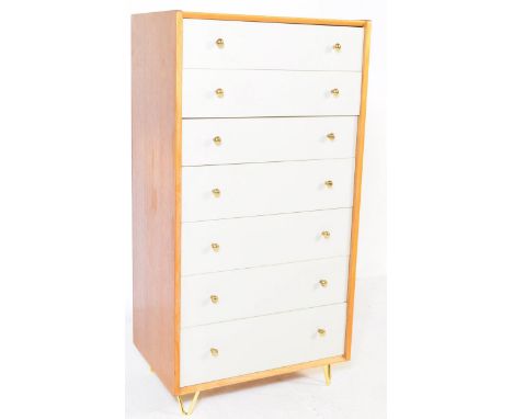 G Plan - Librenza - A retro mid 20th century circa 1960s G-Plan light oak and china white seven day Librenza pedestal chest o