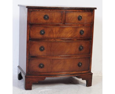 Queen Anne revival walnut bow front bachelors chest of drawers. Raised on bracket feet with short and deep drawer configurati