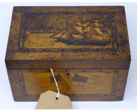 A 19th century tunbridge ware inlaid walnut tea caddy, top depicting a ship, H.12 W.20 D.13cm 