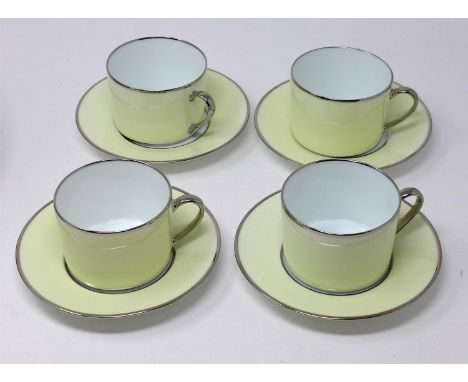 Legle Limgoes cream and platinum finish porcelain collection: 4 teacups and 4 saucers 
