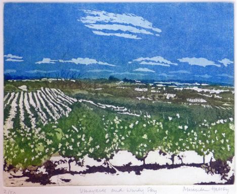 Miranda Halsby R.B.A, 'vineyards &amp; windy sky', limited edition lithograph 2/50, signed in pencil, 22 x 26cm 