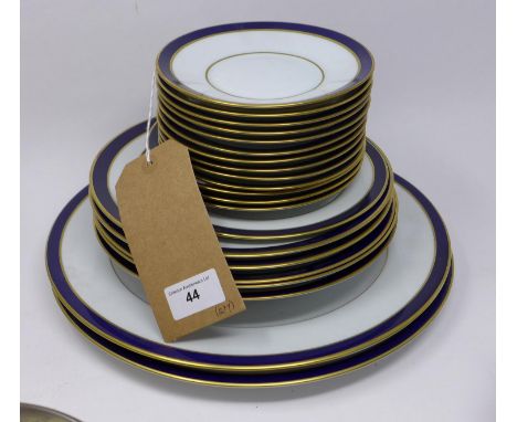 Legle Limoges navy blue and gold rimmed porcelain collection: 2 bowls, 3 dinner plates, 3 side plates and 10 saucers 