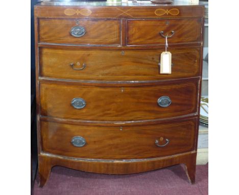 A 19th century mahogany bow front chest of drawers, with boxwood inlay, raised on splayed feet, H.112 W.98 D.49cm 