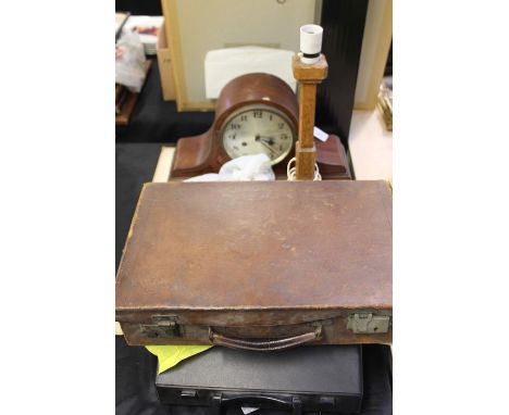 Collection of items, to include a print, newspapers, typewriter, oak lamp, leather case, vanity set, mahogany clock, etc, (qt