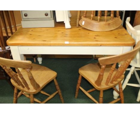 Pine Kitchen table, with a rectangular top and drawer to the frieze, 125cm long, 90cm wide, together with a set of four chair