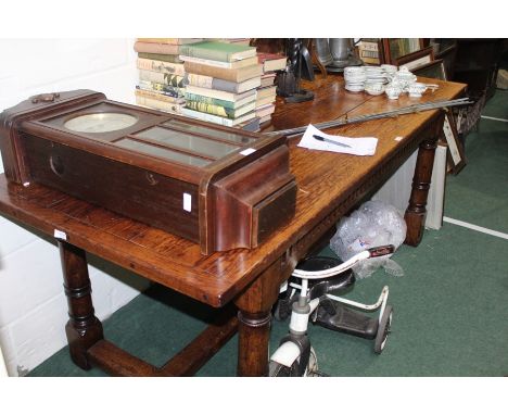 17th Century style oak refectory table, the rectangular top above a thumb moulded frieze united by stretchers, 191cm x 81cm x