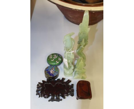 Two Chinese soapstone sculptures, of birds, together with two enamel boxes, (4)