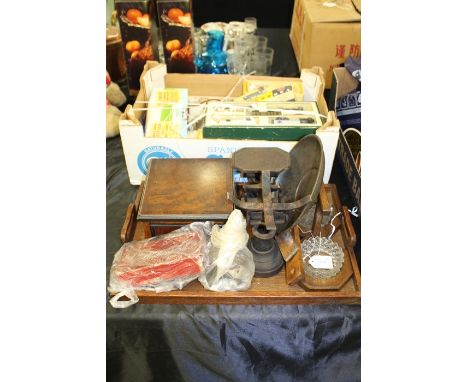 Collection of items, to include an oak tray, a set of scales, mahogany box, oak and glass dish set, a rule and a thermometer,