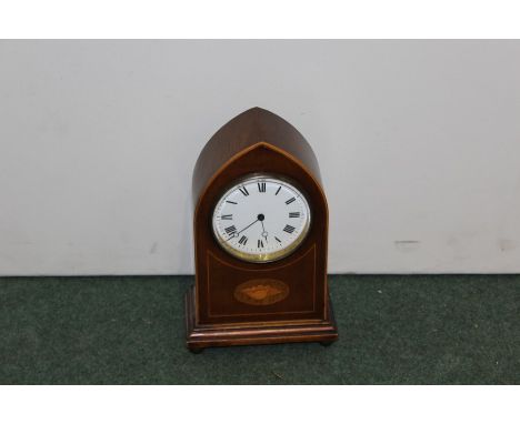 Edwardian mahogany mantel clock, the lancet case with shell inlaid and a white enamel dial
