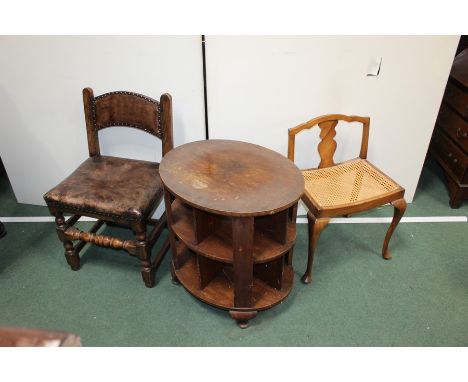 Oak and leather upholstered chair on turned legs, cane seated dressing table chair with low back, mahogany veneered oval tabl