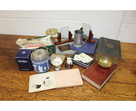 Collection of objects, to include a barometer, Jasper biscuit barrel, brass objects, silver plated wares, a hand written albu