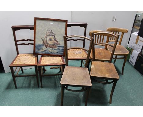 Three Edwardian bedroom chairs, two other pairs of bedroom chairs, one pair marked AP.M. made in Poland to the base, and a ne