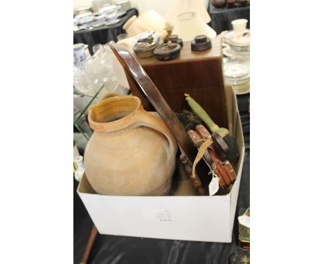 Collection of objects, to include a pottery jug, box, mirror on stand, pewter, etc, (qty)