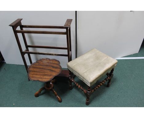 Edwardian towel rail, walnut occasional table, oak stool with barley twist legs and stretchers (3)