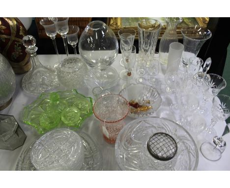 Collection of glassware, to include a Royal Doulton glass vase, glass bowls, green glass dressing table set, etc, (qty)