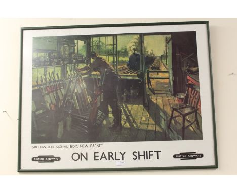 Railway print, "On Early Shift", housed in a green glazed frame, 80cm x 60cm