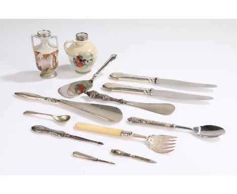 Silver and plate, various dates and makers, to include two shoe horns, two Royal Bayreuth silver capped porcelain vases, mani