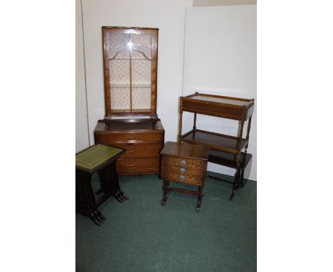 Furniture, to include a nest of tables, a chest of drawers, trolley, coffee table, cabinet and display cabinet, (6)