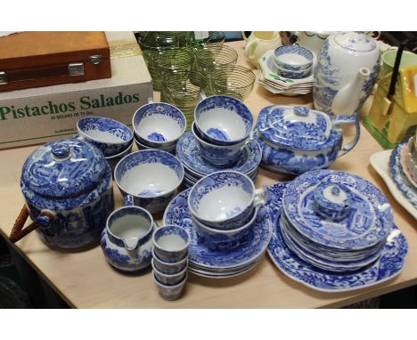 Collection of Copeland Spode's Italian pattern blue and white china, to include biscuit barrel, teapot, mustard pot, cups, sa