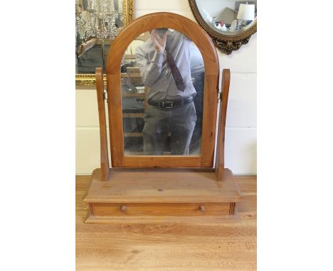 Pine dressing table mirror with arched top on a plinth base with frieze drawer, 54.5cm x 68cm