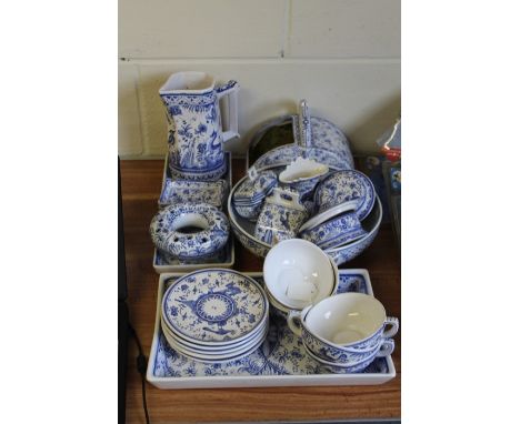 Collection of Portuguese blue and white porcelain, to include dishes, bowls, cups and saucers, pot pourri vase, jug etc. (qty