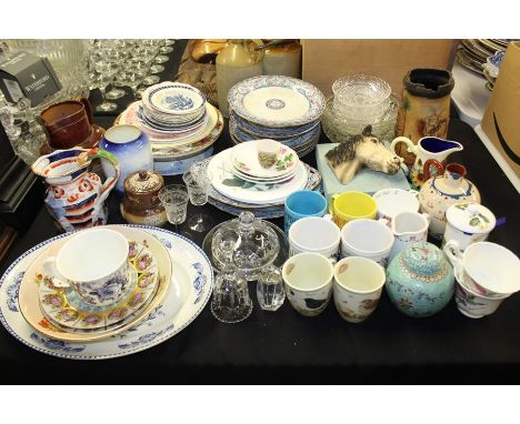 Decorative china to include Masons style ironstone jug, Moorcroft style jug, cheese stand, Doulton jug, preserve pot and vase