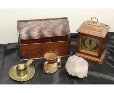 Works of art, to include a Mantel clock, a desk rack, Doulton pottery, minerals stone and a brass Brecknall Turner London cha