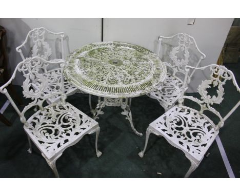 Patio table with pierced white metal circular top, 80cm diameter, together with four chairs (5)