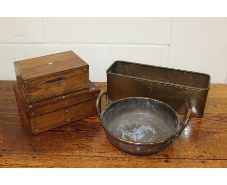 Works of Art, to include a sewing box, another box, a copper basin and a copper jardinière, (4)