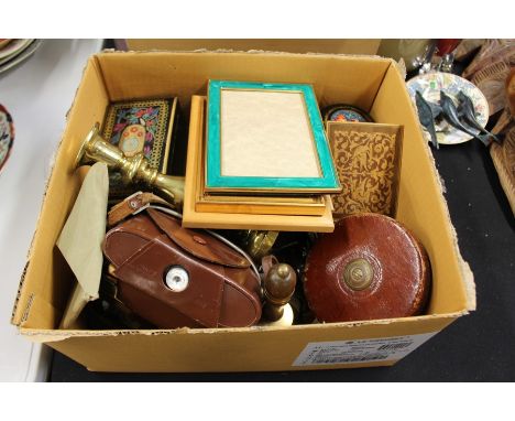 Objects, to include a tape measure, alabaster cat, frames, boxes, candlesticks, camera, etc, (qty)
