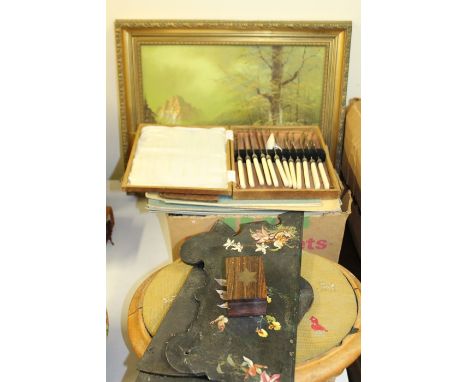 Collection of objects, to include an oil painting, a footstool, black shelf, box, set of fish knives and forks and educationa