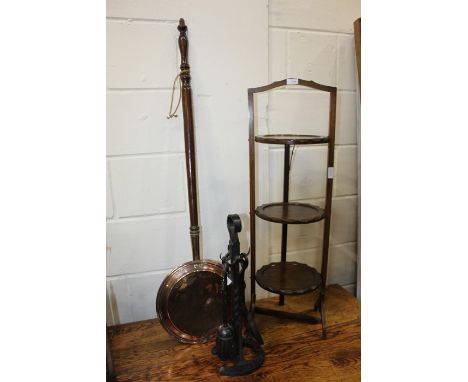 Set of fireside irons, together with a warming pan and cake stand, (3)