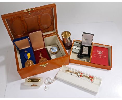 Works of art, to include Royal Worcester Nelson collection pill pot and cover, Rotary medal and tiepin, collapsible plated cu
