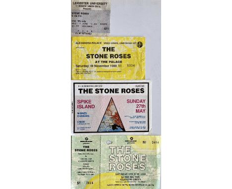 Four Stone Roses tickets / stubs: Spike Island, Alexandra Palace, a complete/untorn Glasgow Green ticket, a stub for Leiceste