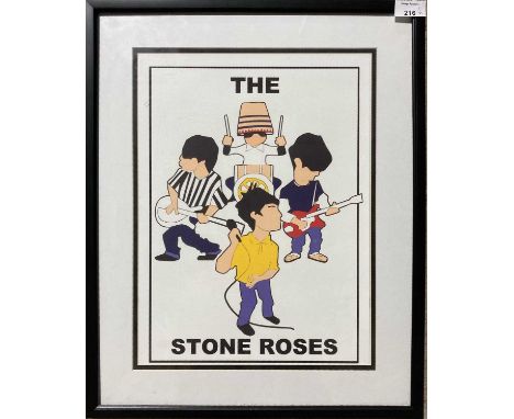 Two framed prints: an official promotional print for Ian Brown - Golden Greats (29 x 34cm), a framed band caricature by artis