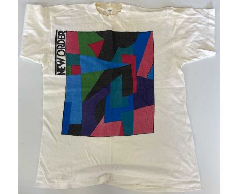 Three t-shirts c 1980s: New Order Summer 1987 t-shirt (sizing label removed), New Order 1986 t-shirt (L), a c 1980s design (M