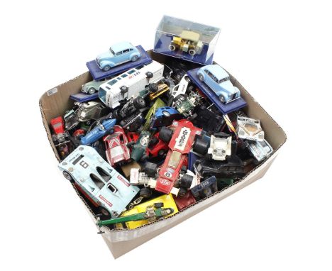 Box of scale model cars of various brands including. Corgi, Dinky Toys, Matchbox, Hergé and Burago